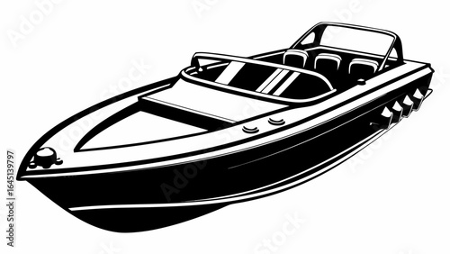 Illustration of a sleek black and white speed boat with multiple seats and a stylish design on water silhouette
