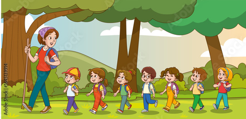 A group of young children hiking with their teacher