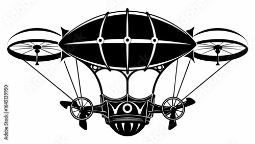 Illustration of a detailed steampunk airship with propellers and large side mounted wheels design art silhouette
