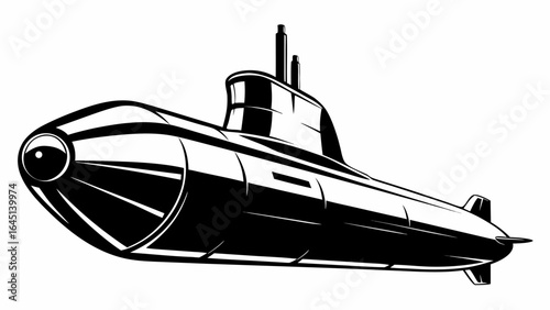 Illustration of a submarine with a visible periscope and torpedo tubes in black and white design style silhouette