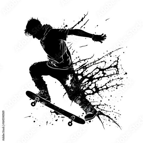 Black silhouette of a boy on skateboard on white background.
