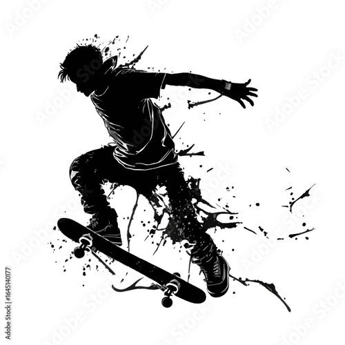 Black silhouette of a boy on skateboard on white background.