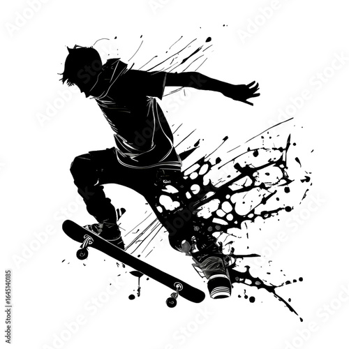 Black silhouette of a boy on skateboard on white background.