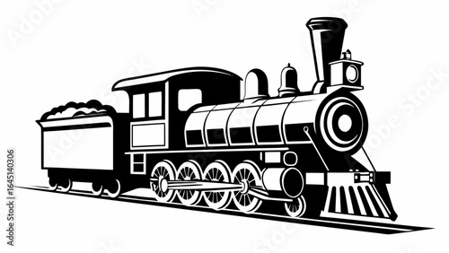 Illustration of a vintage steam train with a coal car in black and white on a track with a white background silhouette