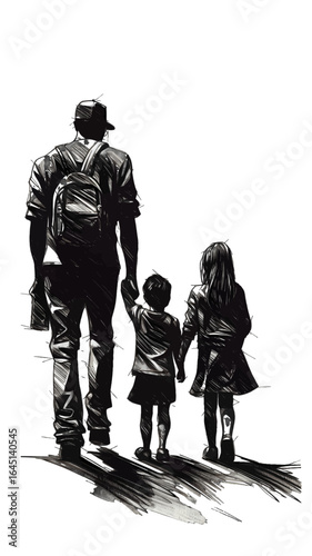 Black silhouette of a father with two children on white background.