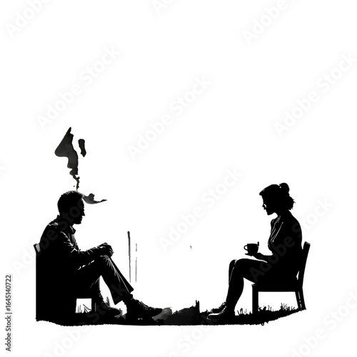 Black silhouette of a man and woman at the table on white background.