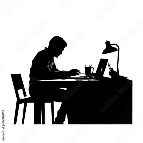 Black silhouette of a man working at a desk on white background.