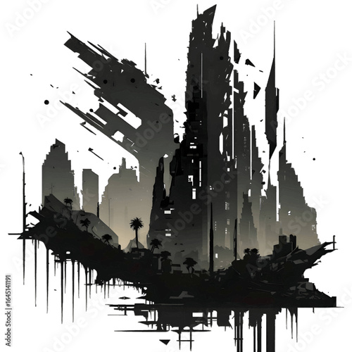 Black silhouette of destroyed civilization on white background.