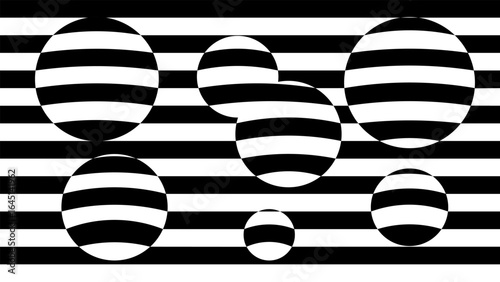 Abstract black and white geometric pattern with horizontal lines and circles, creating a visually dynamic and modern design.