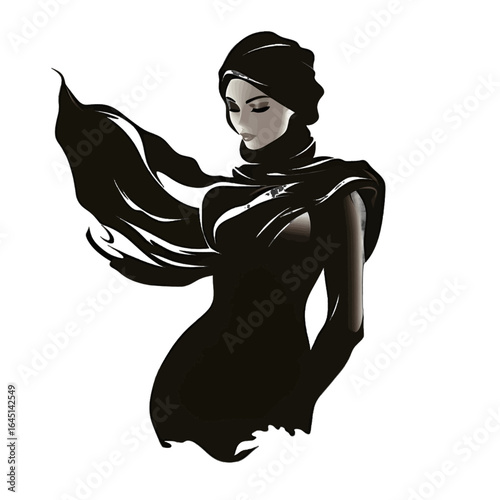 Black silhouette of a women with headscarf on white background.