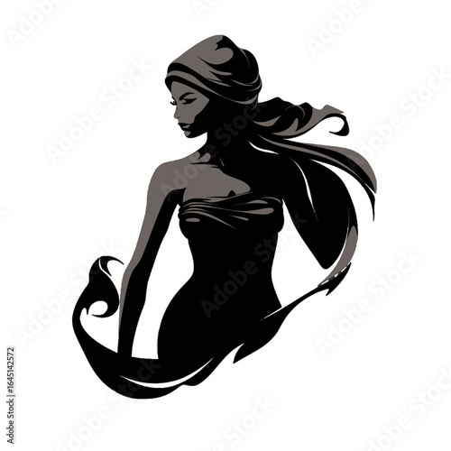 Black silhouette of a women with headscarf on white background.