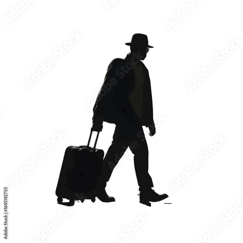 Black silhouette of a man with a suitcase on wheels on white background.