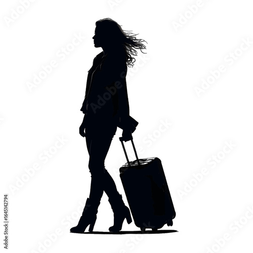Black silhouette of a woman with a suitcase on wheels on white background.