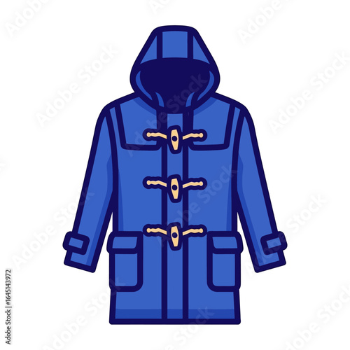 A vibrant blue duffle coat with a hood and toggle fasteners.