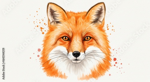 Fox Head Watercolor Painting with Orange Fur and White Background