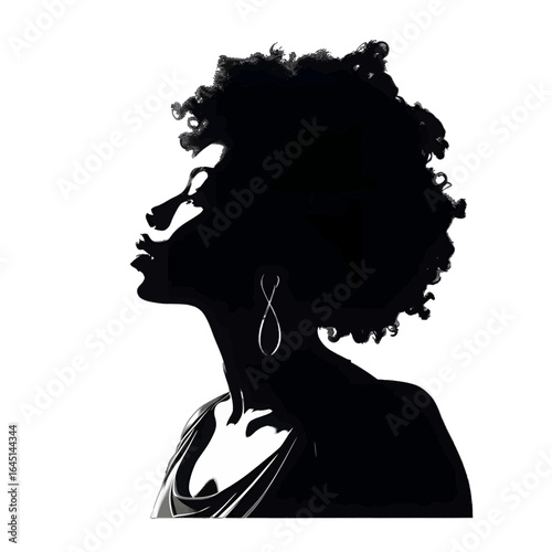 Black silhouette of busts of a woman with afro hair on white background.