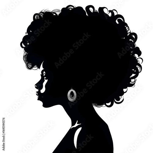 Black silhouette of busts of a woman with afro hair on white background.