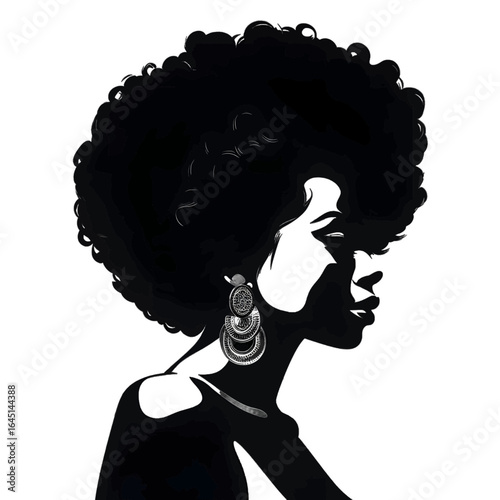Black silhouette of busts of a woman with afro hair on white background.