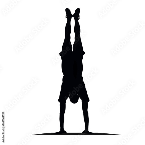 Black silhouette of a man standing on his hands on white background.