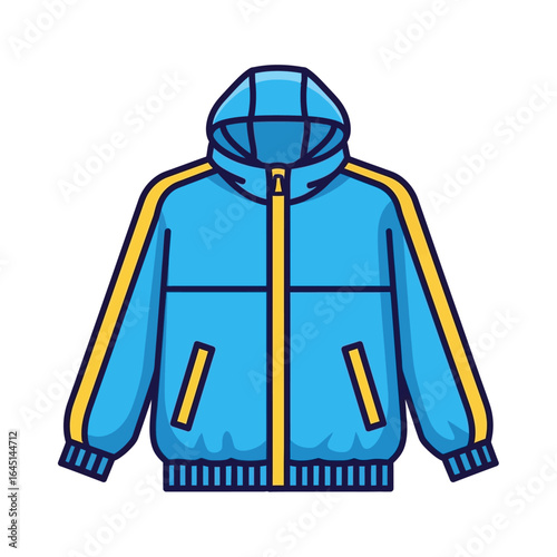 A blue hooded jacket with yellow stripes and a zipper is displayed on a white background.