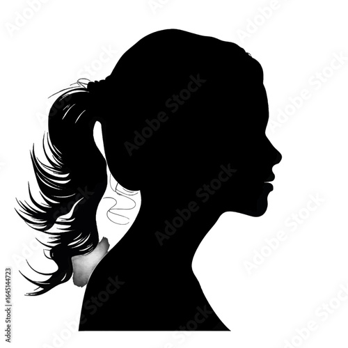 Black silhouette of side of a woman's bust on white background.