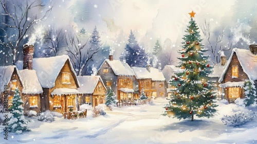Cozy snowy village with decorated christmas tree under falling snowflakes