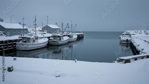 Wallpaper Mural Snowy Harbor: Fishing Boats Docked in Winter Wonderland Torontodigital.ca