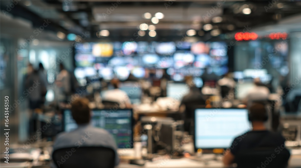 Fototapeta premium Journalists collaborating intensely, surrounded by multiple monitors streaming live news feeds, capturing dynamic workflow inside contemporary media operations center