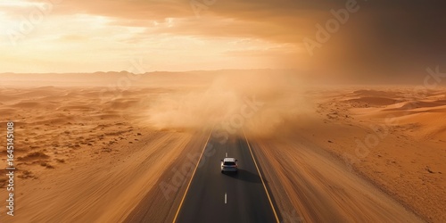 Valokuva A vehicle drives on a deserted road through a sandy landscape, with dust swirling in the sunlight under an expansive sky