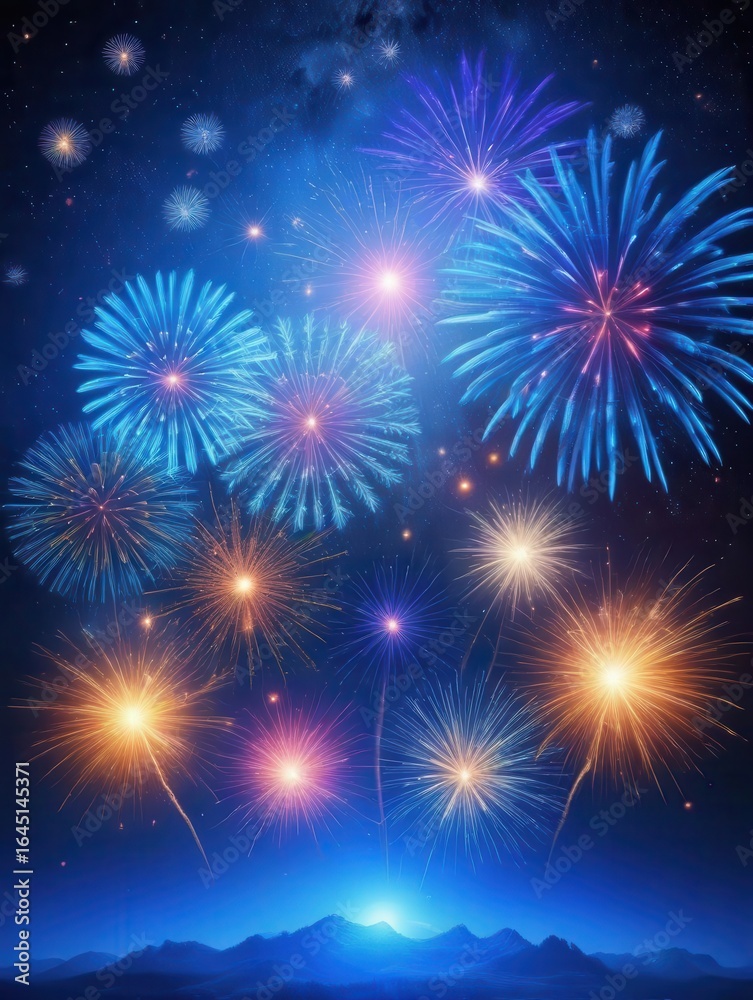 Naklejka premium Dark blue night sky with fireworks exploding in all directions above