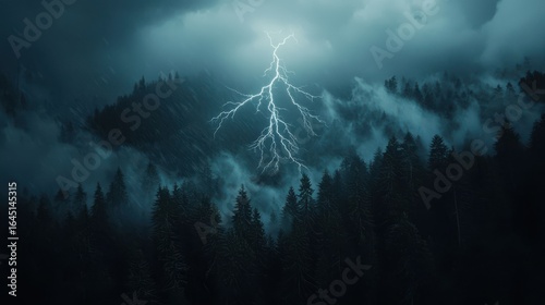 A dramatic scene of lightning striking amidst dark, moody clouds over dense forests, creating a powerful and atmospheric landscape.