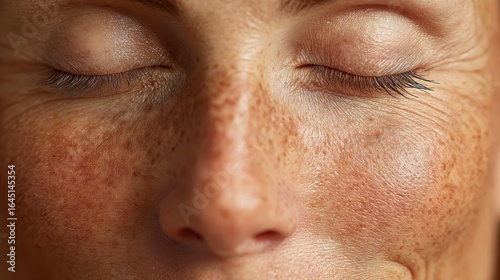 Mature woman closing eyes, revealing ephelides and wrinkles, representing natural aging process and authentic skin texture with confidence