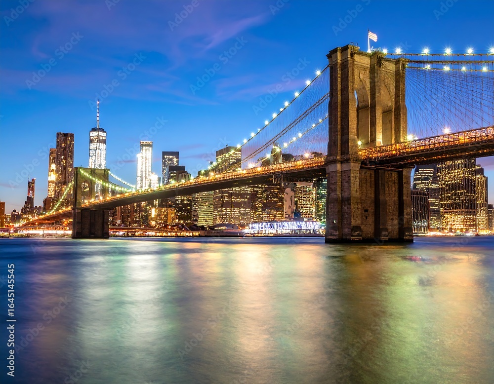 Obraz premium Night cityscape with iconic bridge and city skyline reflected in calm water