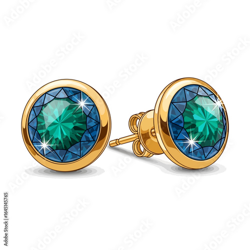 Pair of gold-toned stud earrings featuring vibrant teal and sapphire-colored gemstones.