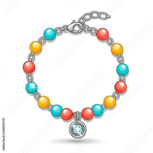 Colorful beaded bracelet with a silver clasp and charm.