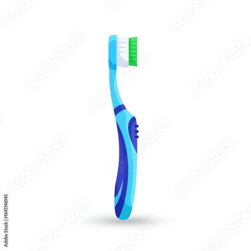 A blue and green toothbrush stands upright, showcasing its design and bristles.