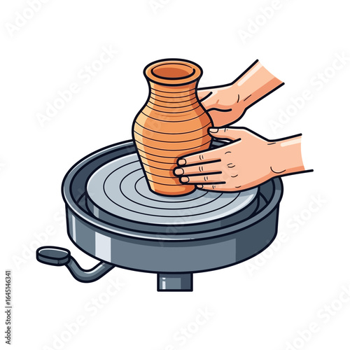 Hands shaping clay on a pottery wheel to form a vase.