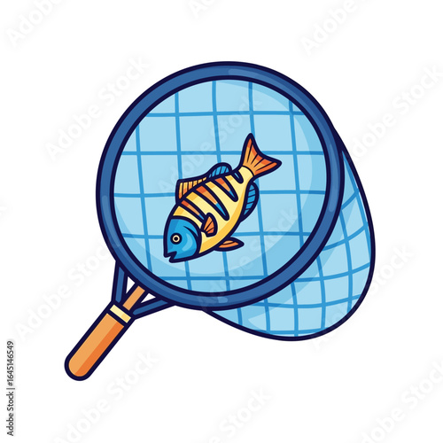 A cartoon fish caught in a blue fishing net.