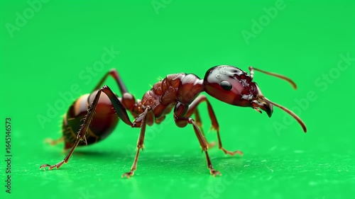 Close-up Macro Shot of a Red Ant with Black Head and Detailed Body on a Vivid Green Background, Highlighting Insect Anatomy