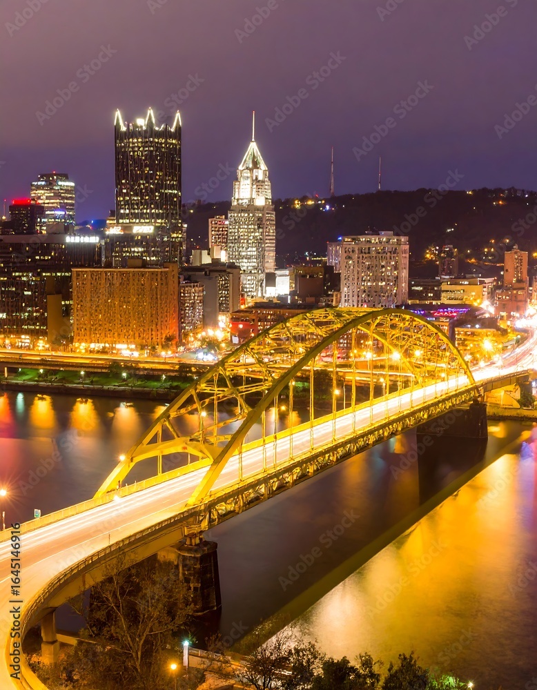 Fototapeta premium Night cityscape with illuminated bridge and river reflections