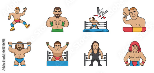Diverse wrestlers posing in and around a boxing ring