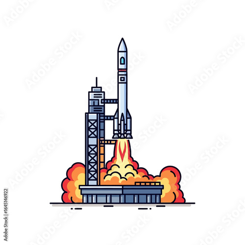 A rocket launching from a launchpad, with flames and smoke billowing.