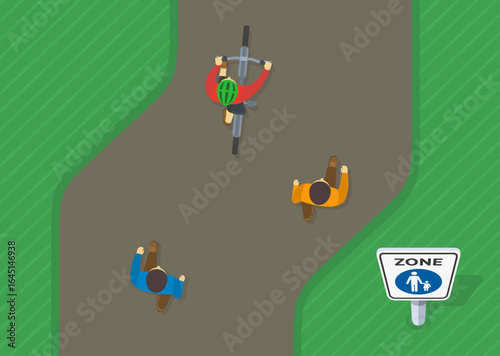 Traffic regulation rules and tips. Pedestrians and cyclist walking on walkway. Top view. Pedestrian zone sign area. Flat vector illustration template.