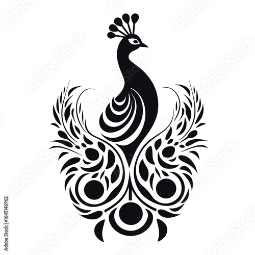 Black silhouette, tattoo of a peacock with feathers on white background. Vector.