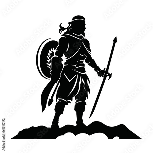 Black silhouette, tattoo of a warrior with shield and sword on white background. Vector.