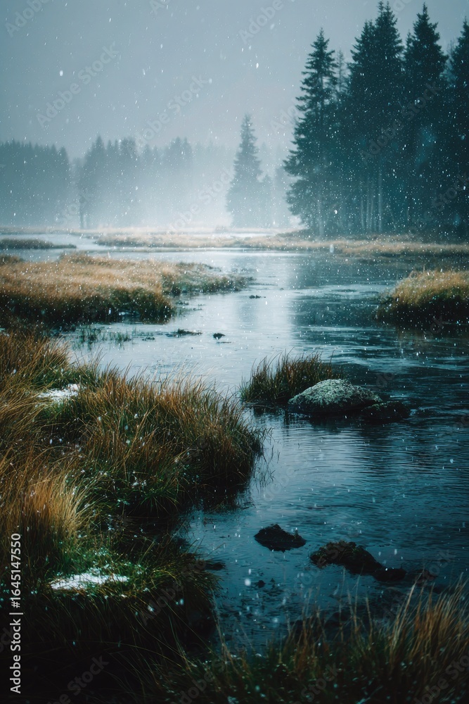 Fototapeta premium Misty stream flowing through a wintry meadow