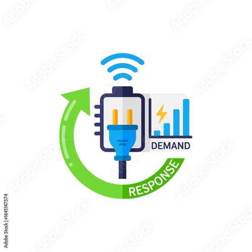 Illustration showing a smart plug with a wireless signal, energy demand chart, and circular arrow.