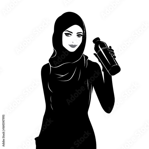 Black silhouette, tattoo of a woman in hijab with thermos in hand. on white isolated background. Vector.