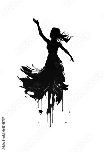Black silhouette, tattoo of a woman with her hand up on white isolated background. Vector.