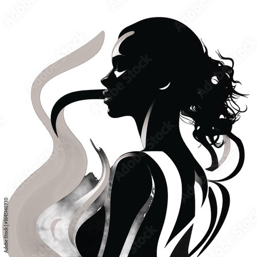 Black silhouette, tattoo of a woman with smoke on white isolated background. Vector.